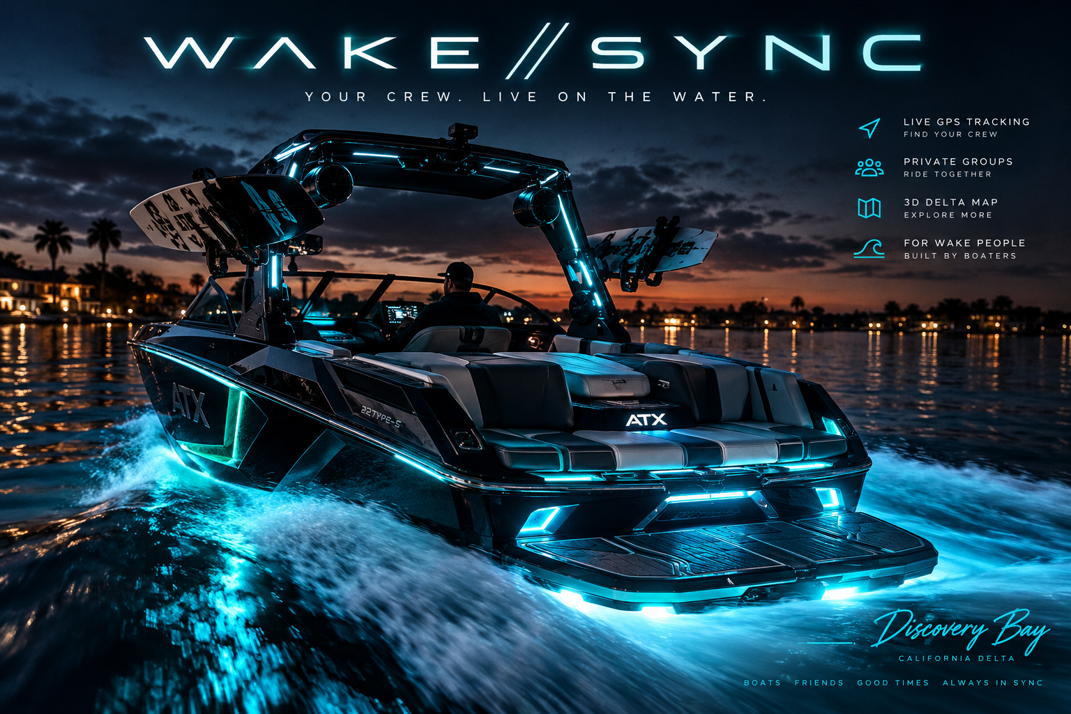 LED-lit wakeboard boat